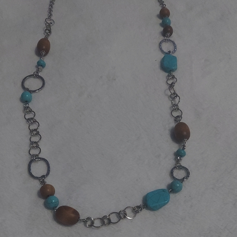 6/$10 Turquoise and Brown Beaded Necklace with Silver Accents